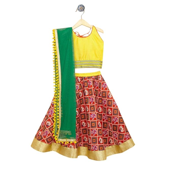 Kids Chakra By Hopscotch Girls Cotton Checkers Printed Lehengas And Blouses Set With Dupatta in Orange Color