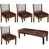 KRFOONN Seat Covers for Dining Room Chairs Set of 4 with Bench Cover, A26 | Velvet Dining Chair Covers, Removable Kitchen Chair Cushion Slipcovers Bench Slipcover Seat Protector for Dining Room