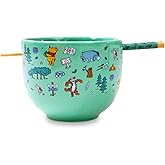 Toynk Disney Winnie the Pooh Allover Icons Ceramic Dinnerware Set | Includes 20-Ounce Ramen Noodle Bowl and Wooden Chopsticks