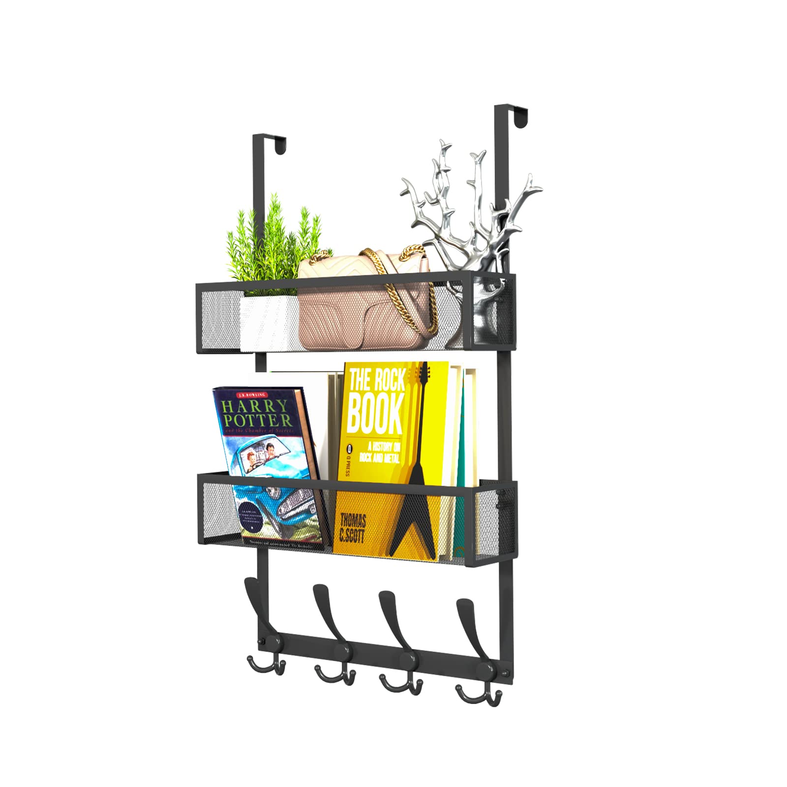 Photo 1 of Kaiferty Over The Door Hooks Organizer,Coat Rack with 12 Hooks and 2 Mesh Baskets,Back of Door Storage Organizer for Bathroom,Bedroom,Kitchen,Office(Black)