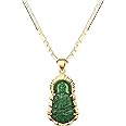 kelistom 18K Gold Plated Green GUANYIN Buddha Pendant Necklace for Women Men Buddhist Ornament Maitreya Buddha Amulet Hinduism 3MM Flat Figaro Necklace Chain