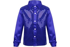 Sinleey Kids Boys Girls Sequins Button Down Dance Shirt for Hip Hop Jazz Street Disco Performance Costume Dancewear