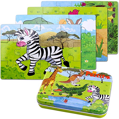 Wooden Jigsaw Puzzles Toys, Free Iron Box for Easy Storage,Pack of 4 with Varying Degree of Difficulty Tool Best for Toddlers 3-5 Years Boys & Girls to Develop Dexterity and Problem Solving