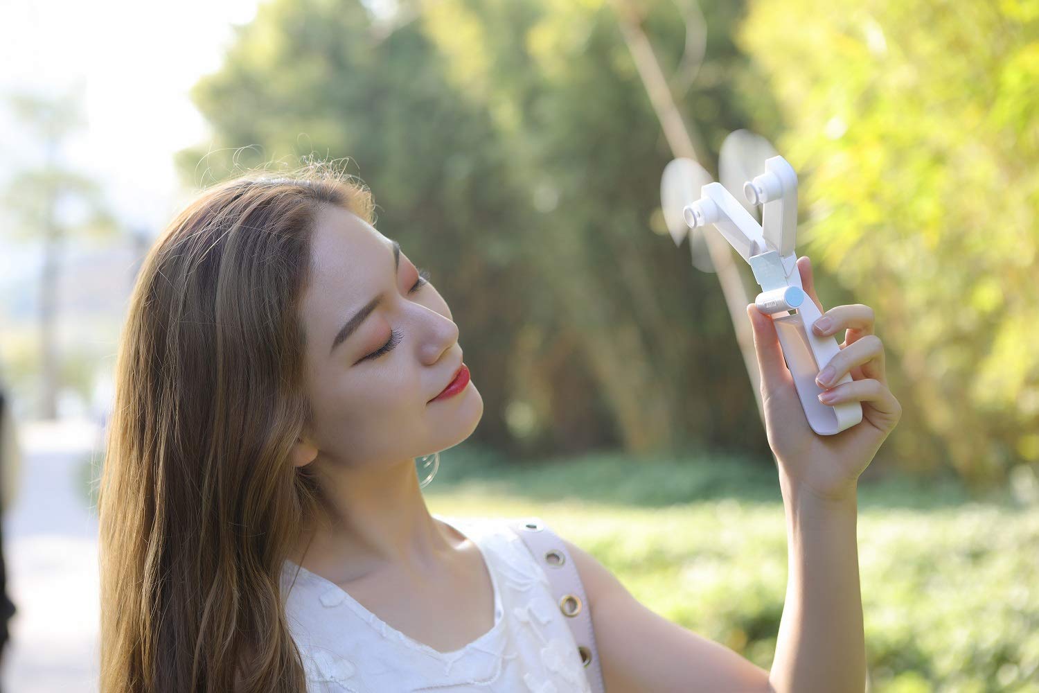 KuDiff Mini Handheld Fans Personal Fan Dual Heads Battery Operated Portable USB Rechargeable Small Desk Fan Electric Pocket Folding Fan for Travel/Home/Outdoor/Work/Summer (Pink Dual Head) (White)