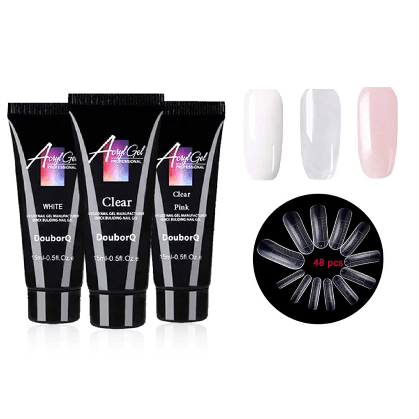 Anself Nail Gel Extension Kit, 3x15ml Gel + 48 Mold Tips, Quick Dry, UV/LED Curing, Natural Finish