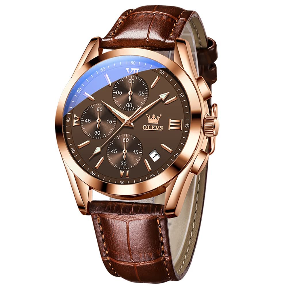 OLEVS Watch for Men Chronograph Brown Leather Strap Classic Fashion Analog Quartz Big Dial Casual Waterproof Luminous Wrist Watches