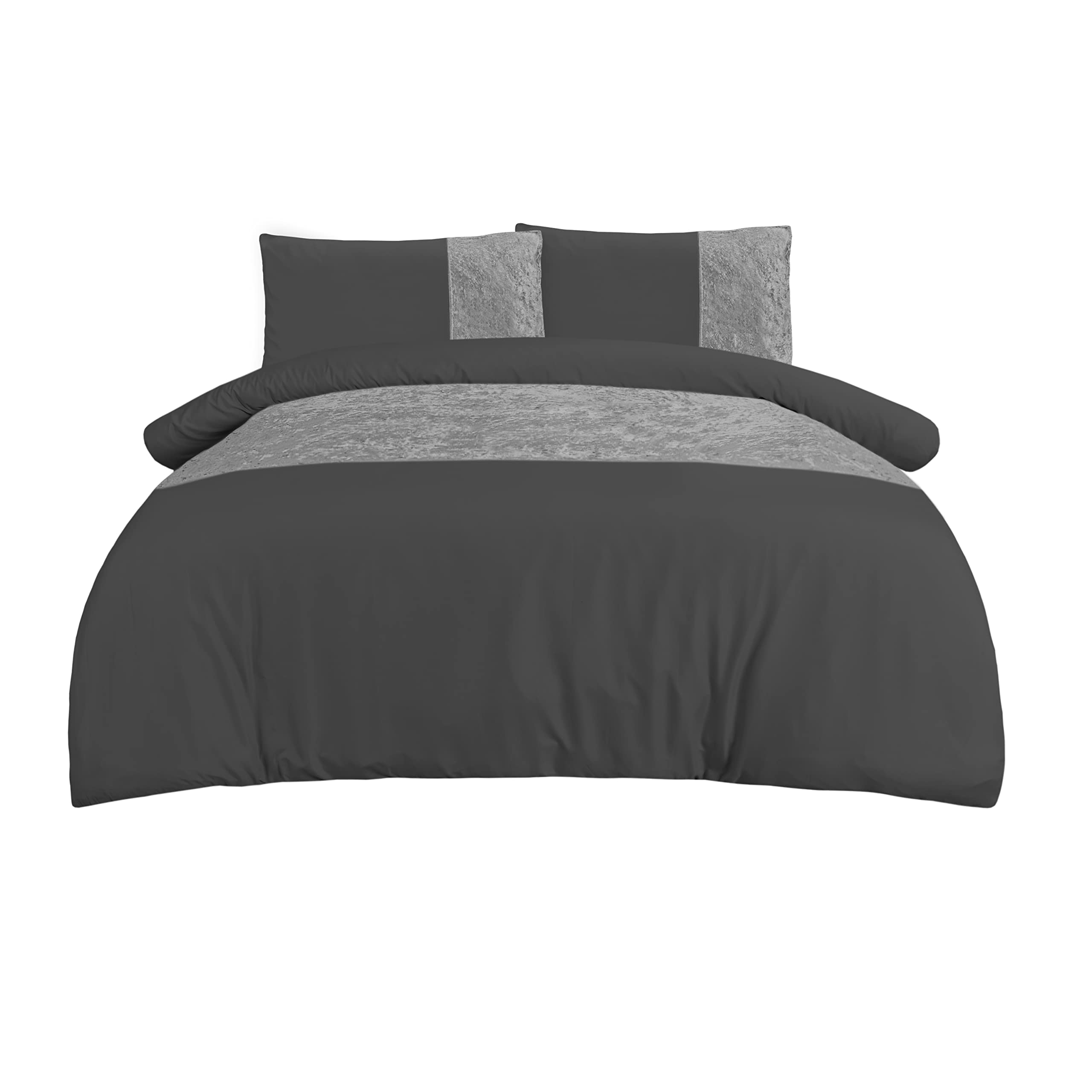 Sleepdown Velvet Cuff Charcoal Grey Panel Band Luxury Soft Cosy Duvet Cover Quilt Bedding Set with Pillowcases - Double (200 cm x 200 cm)