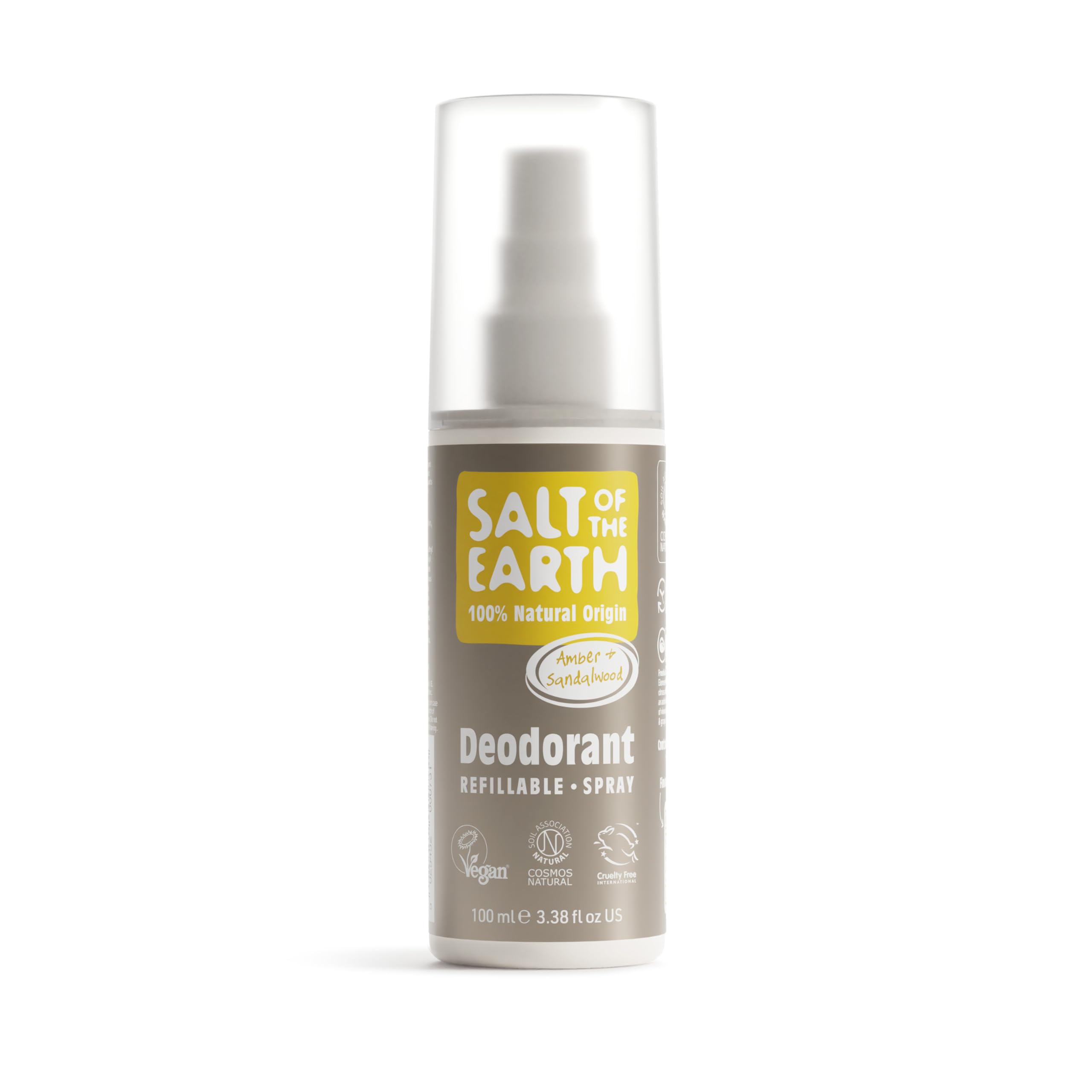 Salt of the Earth - Refillable Natural Deodorant Spray - Vegan & Cruelty Free - Certified 100% Natural Origin Ingredients - Suitable for Men, Women & Kids - Amber & Sandalwood - 100ml