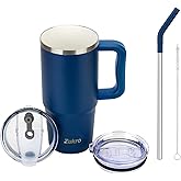 Zukro 24 oz Ceramic Lined Tumbler with Handle and Straw, No Metal Taste, Insulated Stainless Steel Coffee Mug with Spill Proof Lids for Home/Office, No Sweat, Keep Drinks Hot or Cold, Navy Blue