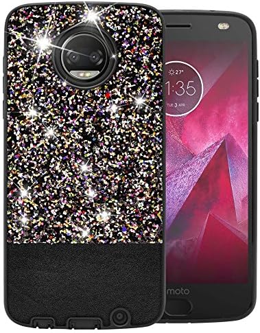 Topnow Moto Z2 Force Case for Girls Women, Luxury Glitter Bling Cute Design [PC Silicone Hard Leather] Dual Layer Protective Phone Case for Motorola Z2 Force Droid(2017) -Black