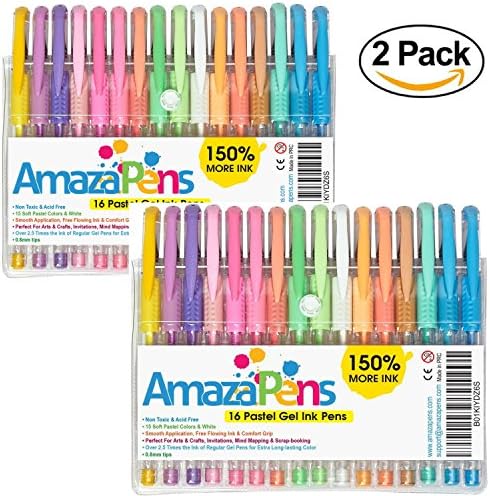Coloring Gel Pens for Adult Coloring Books - 2 packs of 16 Pastel Colors, 150% More Ink for Arts, Crafts & Writing Best Value Professional Quality Colored Pens