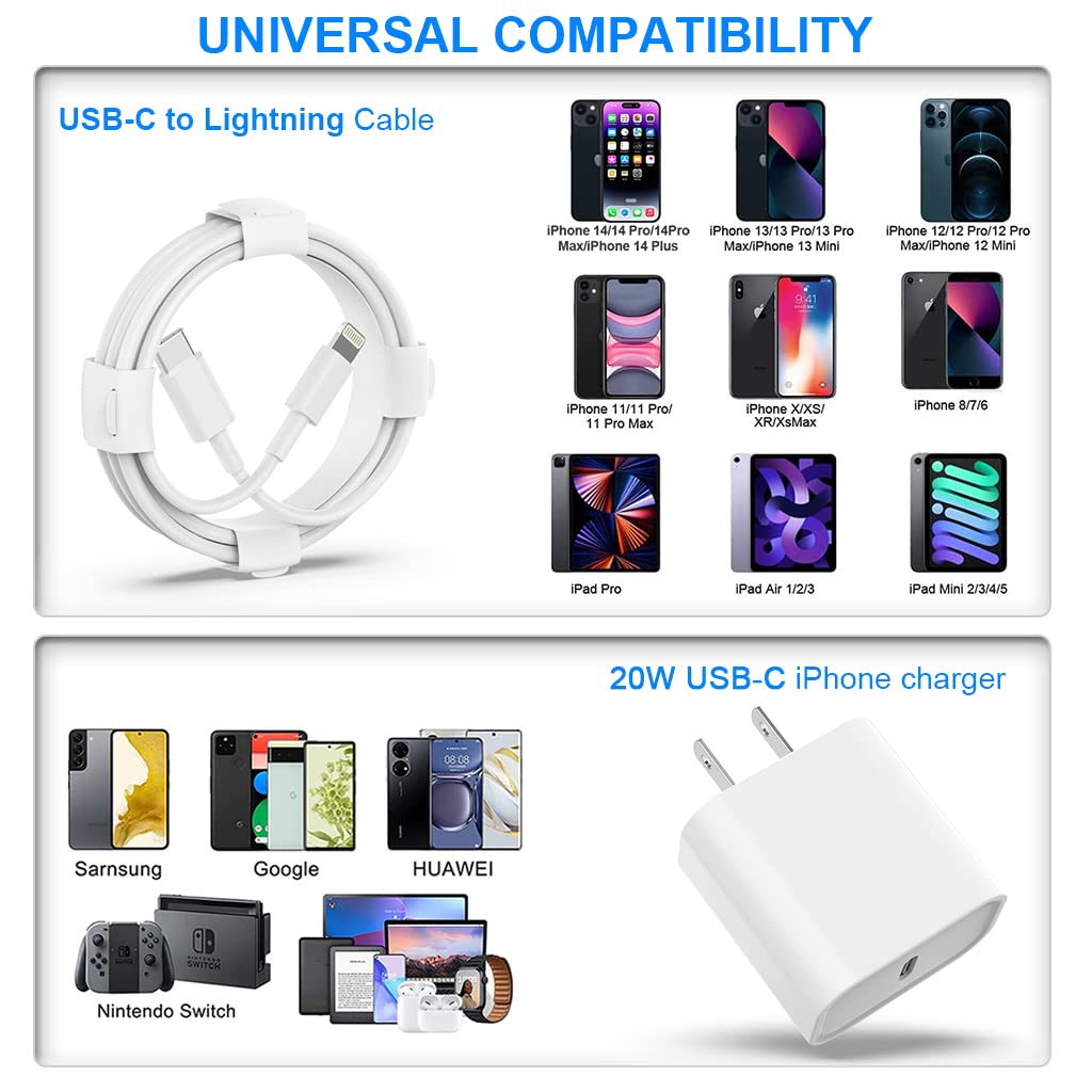 USB C Charger iPhone Charger Fast Charging 3Pack 20W Type C Wall Charger Block with 6FT Long USB C Charger Cable Compatible for iPhone 14Pro/13 Pro/12/12 Pro Max/11/XS Max/XS/XR/X/8