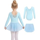 Gogokids 2PCS Long Sleeve Dance Leotards with Removable Skirt, Toddler Dance Dress for Ballet Class & Performance 3-11Years