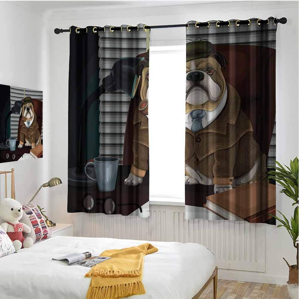 hengshu English Bulldog Bedroom Curtains Blackout Shades Traditional English Detective Dog with a Pipe and Hat Sherlock Holmes Image Pattern Curtains Long W72 x L84 Inch Multicolor