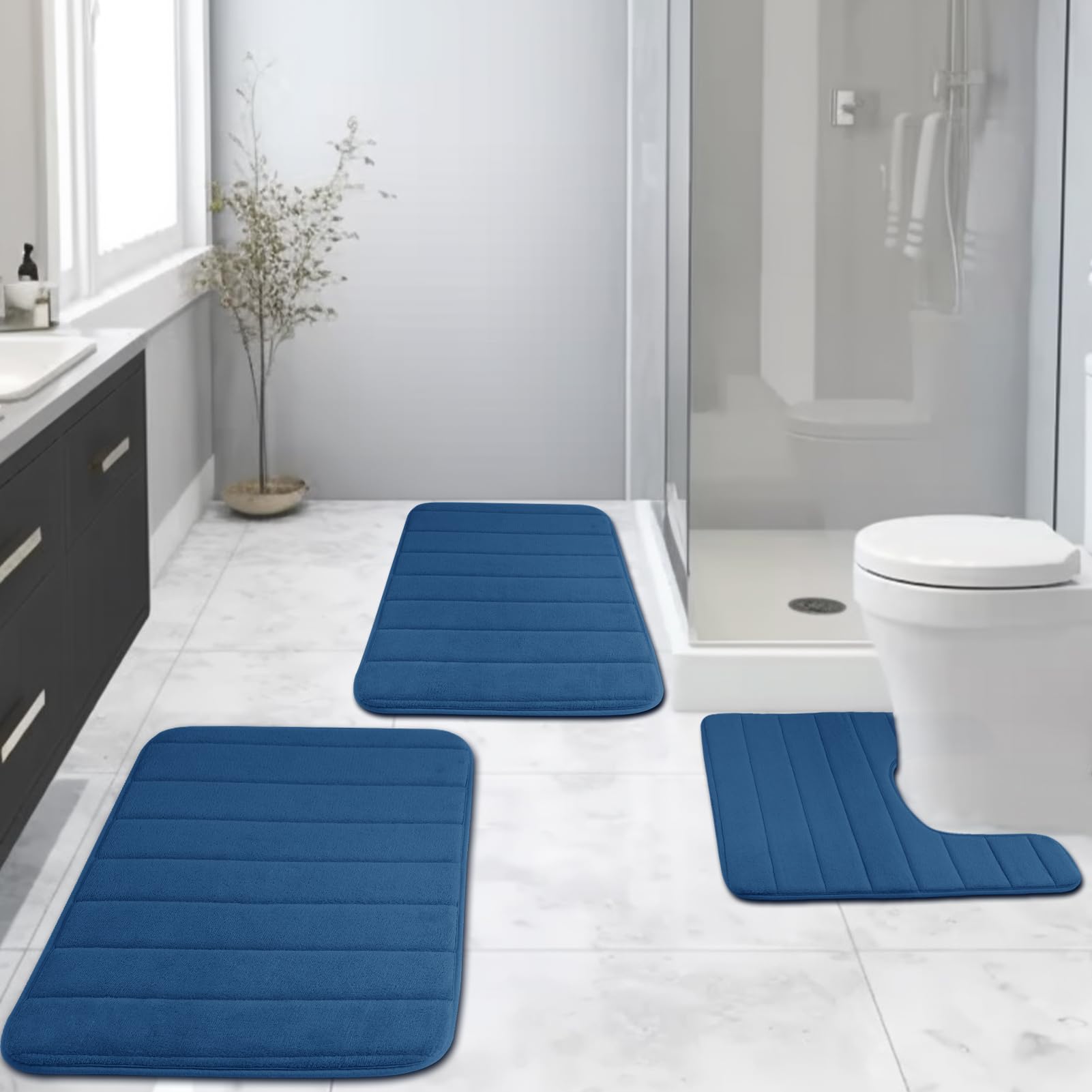 NAKIHOUSE Memory Foam Bath Mat Set, 3 Piece Non-Slip Bath Mats in Navy Blue (40 * 60 + 50 * 50 + 50 * 80cm) Absorb Water