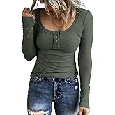 KINLONSAIR Women’s Long Sleeve Henley T Shirts Button Down Slim Fit Tops Scoop Neck Ribbed Knit Shirts