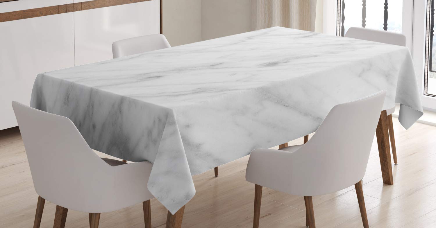 ABAKUHAUS Marble Tablecloth, Carrara Marble Tile Surface Organic Style Granite Model Modern Design, Dining Room Kitchen Table Cover, 54" x 66", White Grey