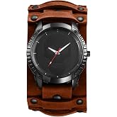 JewelryWe Men's Leather Cuff Watch - Punk Skull Analog Quartz Watches Hip Hop Gothic Steampunk Wide Leather Wristwatches for Father's Day