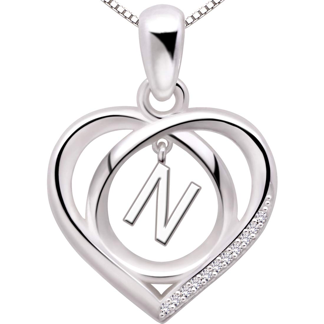 ALOV Jewelry Sterling Silver Initial N Letter Alphabet Love Heart Cubic Zirconia Pendant Necklace