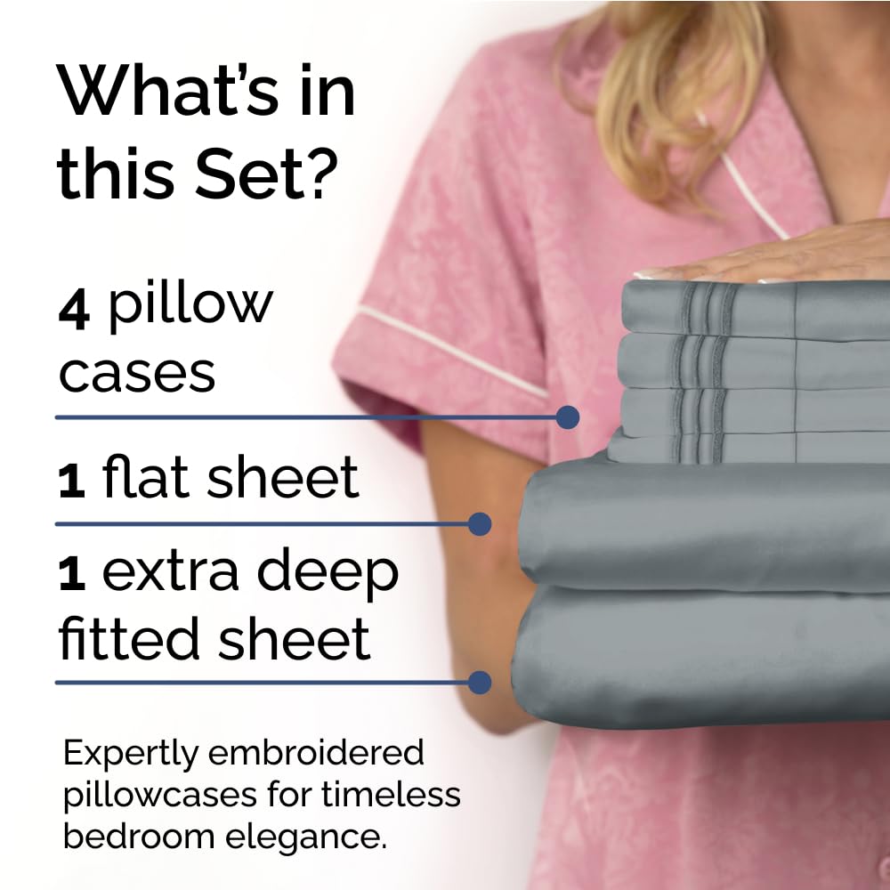 Extra Deep King Sheet Set - 6 Piece Breathable & Cooling Sheets - Hotel Luxury Bed Sheets Set - Easy & Secure Fit - Soft, Wrinkle Free & Comfy Sheets Set - Steel Blue Sheet Set with Extra Deep Pockets