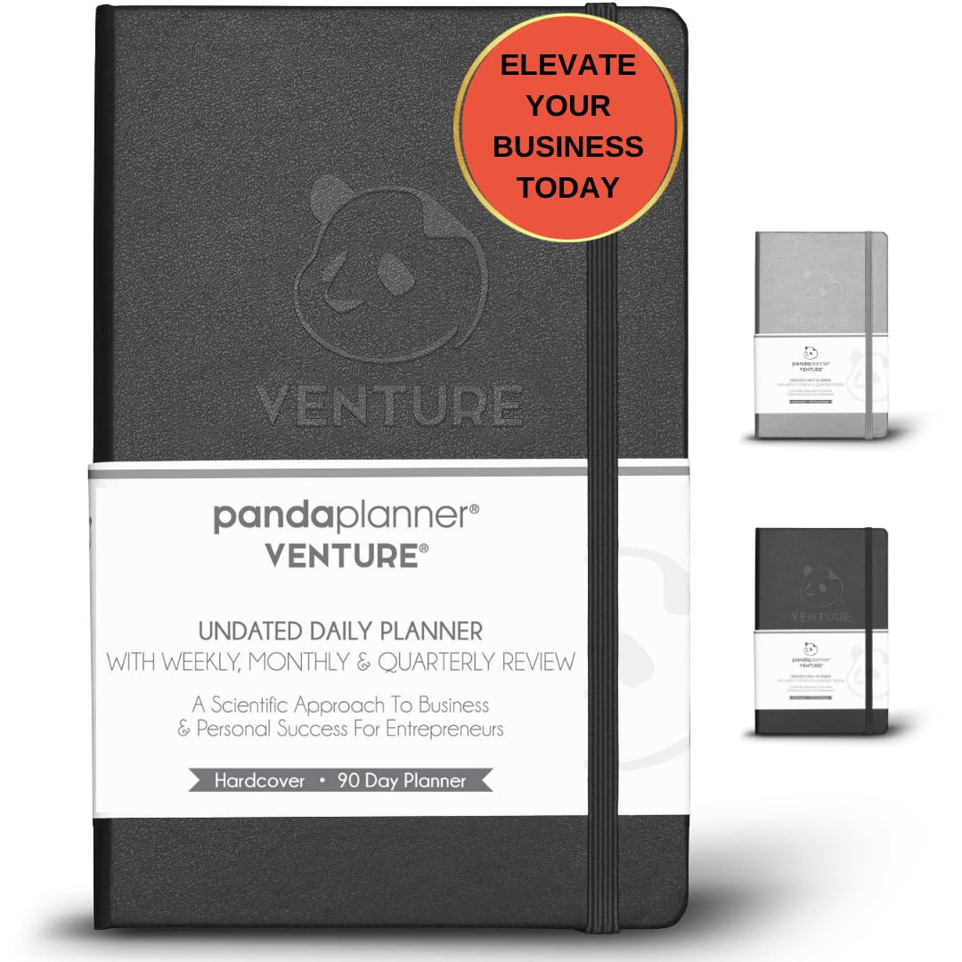 Panda Planner Black Venture Planner - Entrepreneur 90 Day Planner 2023-3 Month Calendar, Weekly Agenda & Daily Planner - Undated Hardcover Productivity Planner by - 5.25” x 8.25”