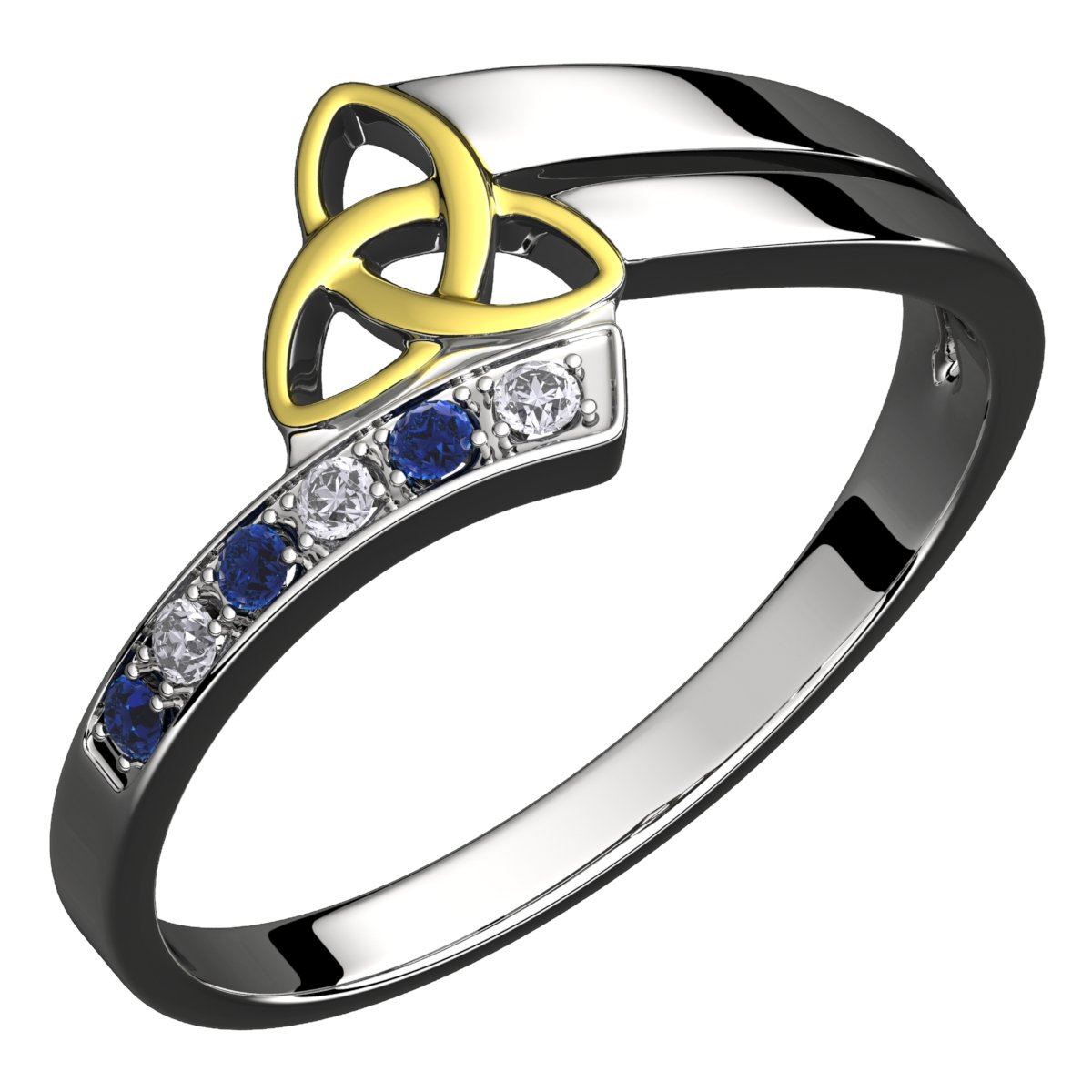 GWG Jewellery Sterling Silver Ring with 18K Gold Coated Celtic Triquetra Trinity Knot Embellished with Sapphire Blue Stones – 7 in Gift Box for Women