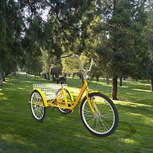 SURPCOS Adult Tricycle Cruise Bike Full Size 3 Wheeled Trike Bicycle with Wire Shopping Basket (Yellow, 7-Speed, 24" Wheel) - Thumbnail 6