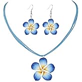 Dreuyet Colorful Plumeria Rubra Necklace Earrings Set for Women Elegant Hawaiian Style Flower Necklaces Bohemia Tropical Flower Dangle Earrings Luau Beach Party Accessories