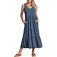 ANRABESS Women's Summer Casual Sleeveless V Neck Swing Dress Fit & Flare Flowy Tiered Maxi Beach Sundress with Pockets