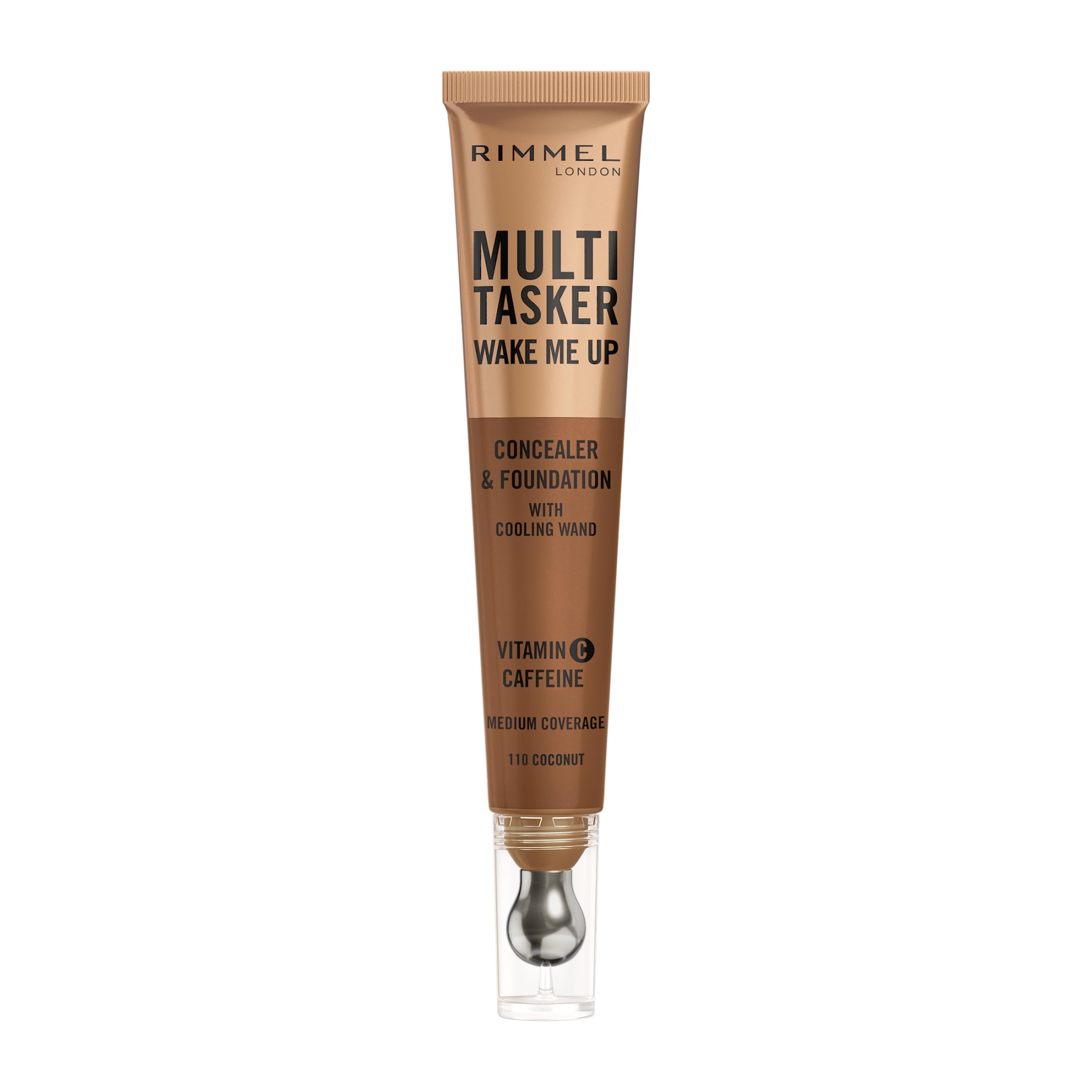 Rimmel Multi-Tasker Wake Me Up Foundation & Concealer 110 Warm Coconut, Depuffs & Brightens Dark Circles, Metallic Cooling Applicator, Caffeine & Victamin C, 2% Niacinamide, Vegan, Cruelty free