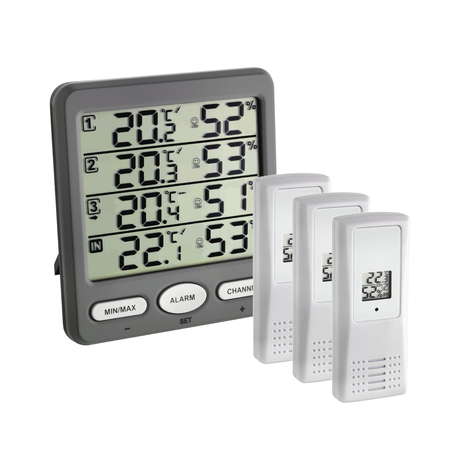 TFA Dostmann Wireless Thermo-Hygrometer Klima Monitor, 30.5054.10, incl 3 transmitters, for indoor and outdoor temperature and humidity, expandable, grey, 2.40x11.60x14.30 cm