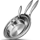 EWFEN Tri-Ply Stainless Steel Frying Pans Set, 8”/10”/12” Cooking pans, PFOA&PTFE Free Skillet, Induction Cooking Pan, Dishwasher and Oven Safe, Fast & Even Heat, Heavy Duty and Detachable Handle