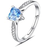 Vito 925 Sterling Silver Birthstone Rings for Women, Adjustable Open Heart Cubic Zirconia Birthstone Band Ring Birthday Month Jewelry Gift