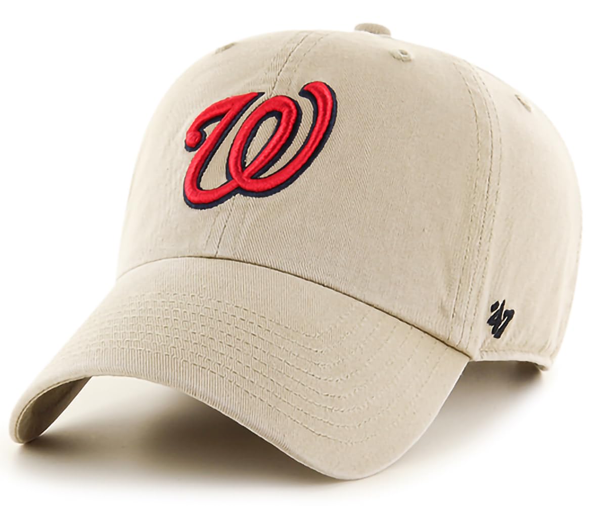 47 Brand MLB Khaki Primary Logo Clean Up Adjustable Strap Baseball Dad Hat Cap, Adult One Size Fits All - Washington Nationals - Khaki Image