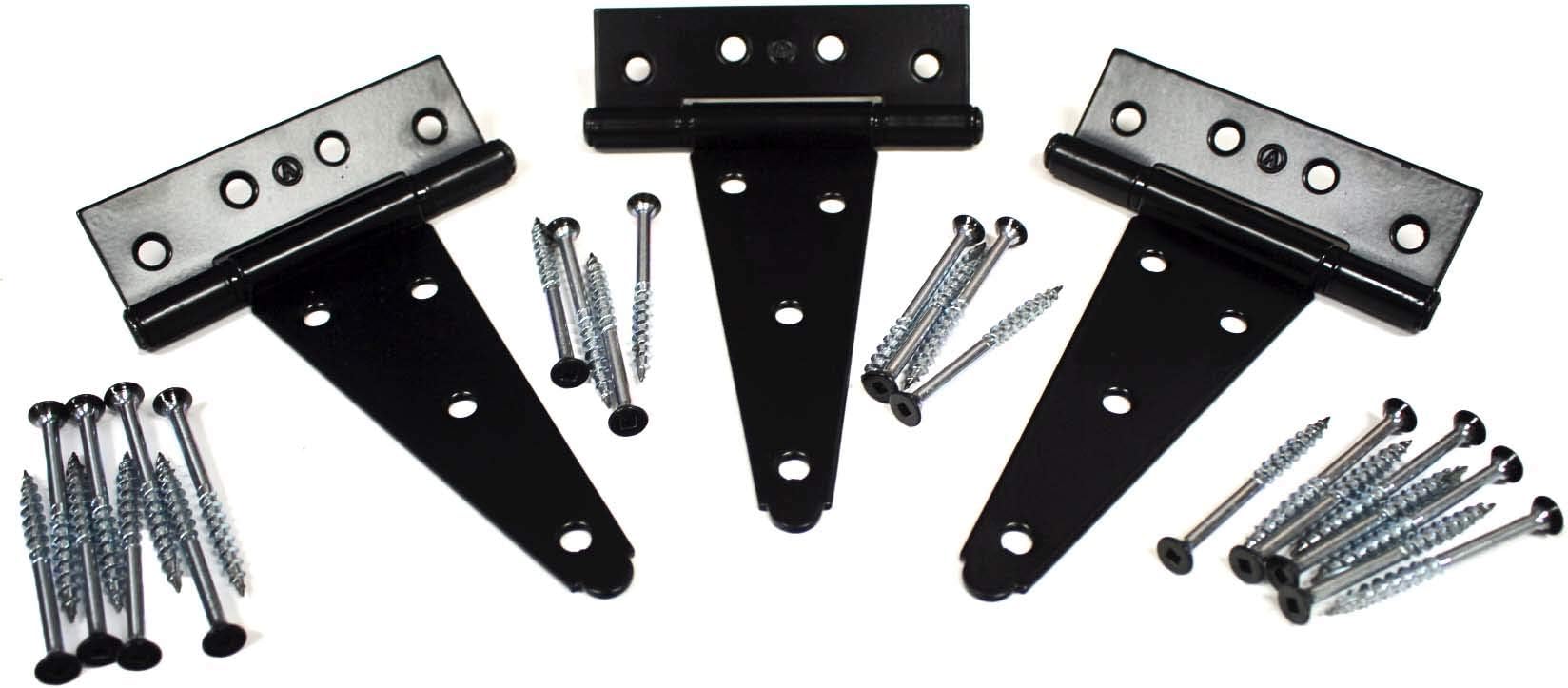 Three Black 6" Heavy Duty T Hinges, Includes 2" Black Countersunk Screws, Shed, Barn, Playhouse, Chicken Coop Hinge