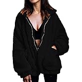 Women's Fuzzy Fleece Faux Shearling Coat, Winter Warm Oversized Jacket with Lapel Collar, Casual Zipper Outwear for Daily Use