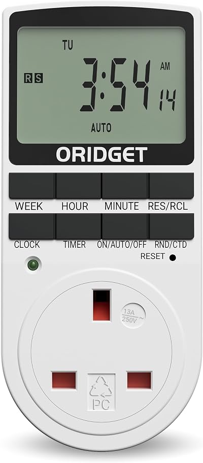 ORIDGET Digital Timer Plug UK 18 On-Off Programs 24 Hour 13A 2900W