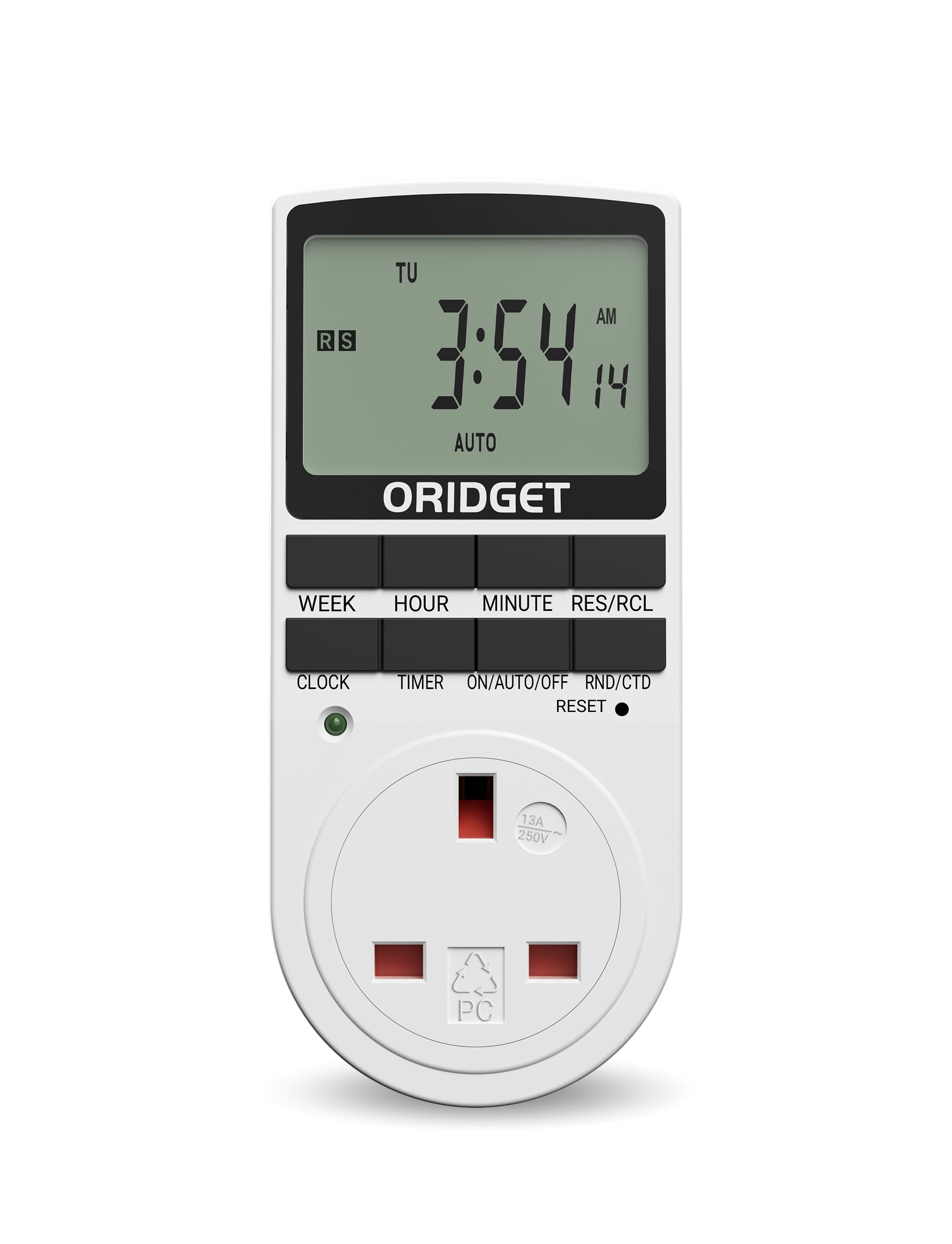 ORIDGET Digital Electrical Timer Plug Socket UK with 18 On-Off Programs, Countdown and Security Random Mode for Lights and Home Appliances, 24 Hour Weekly Programmable (13A / 2900W) (1 PACK)