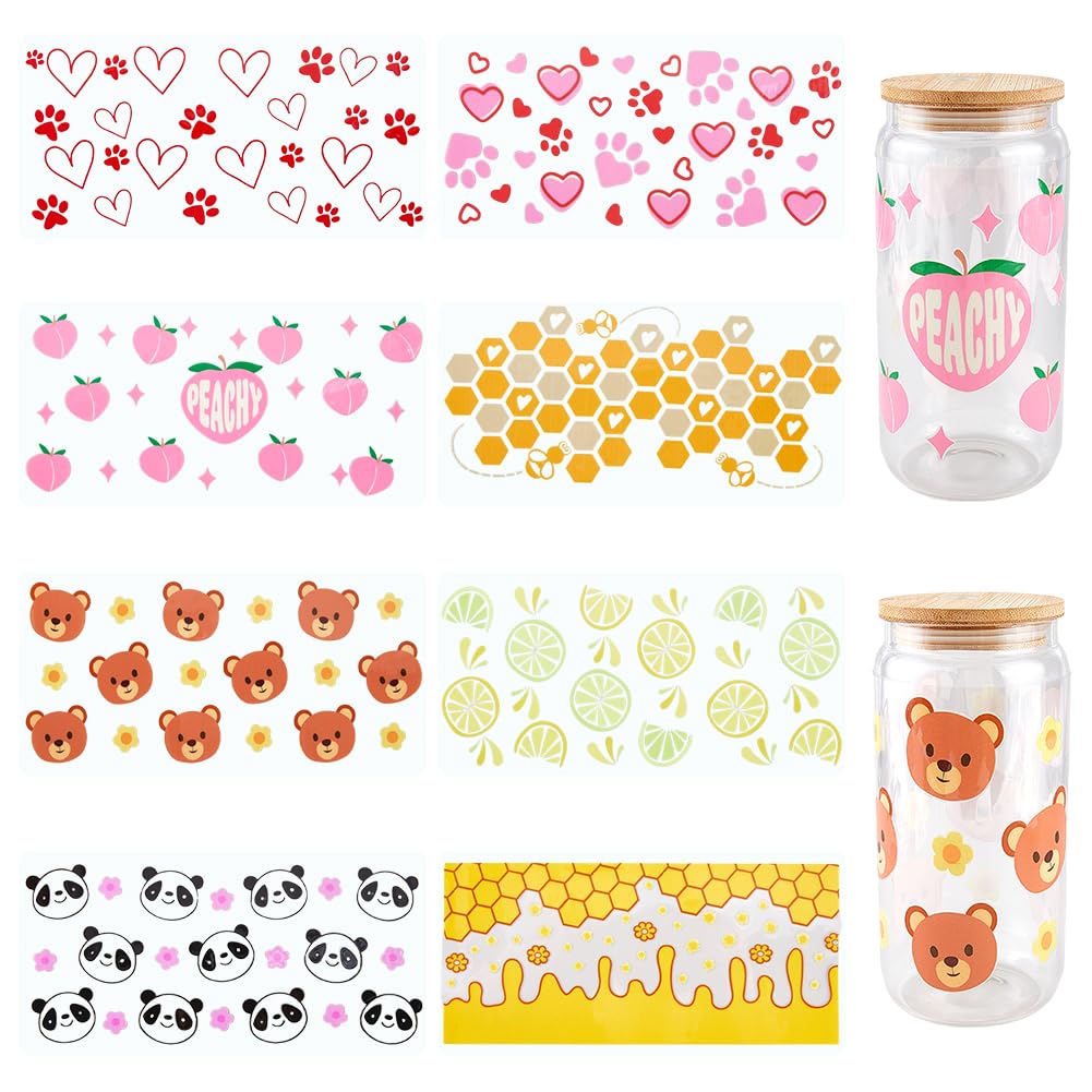 SOFPLATE 8Pcs 8 Styles Cup Wraps Transfer Sticker Glass Cups Decals Bulk Transparent Plastic Lemon Peach Bear Panda Hearts Honey Comb Waterproof Stickers Wrap for Tumblers Wood Decoration DIY Crafts