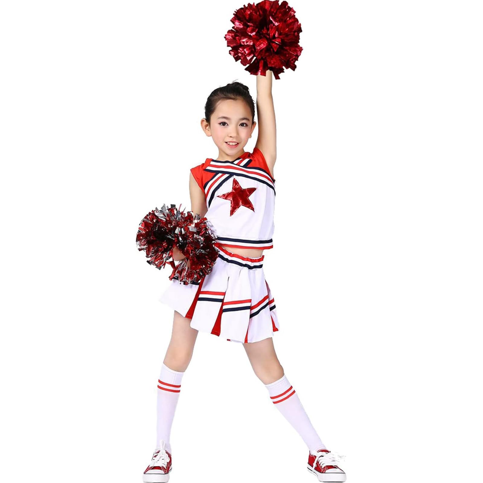 LOLANTA Girls' Cheerleading Costumes with Pompoms and Socks, Kids Halloween Fancy Dress Up, Cheerleader Outfit, Red, 4-5 Years, 110 — image 1