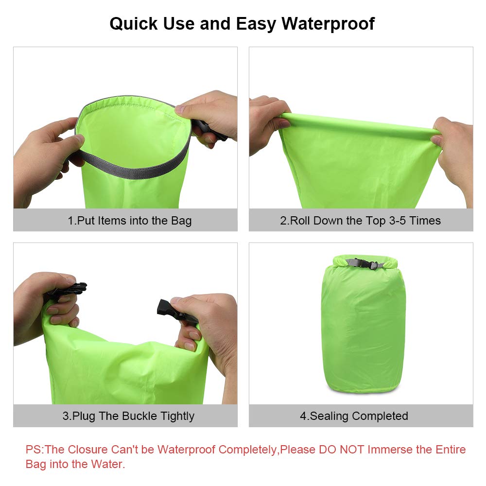 iOutdoor Products Borsa Impermeabile 2L/5L/10L/15L/20L/30L, Sacco a Compressione Dry Roll Top, Perfetto per Kayak/Canottaggio/Spiaggia/Pesca/Rafting/Nuoto/Camping/Snowboard (Green, 2L)