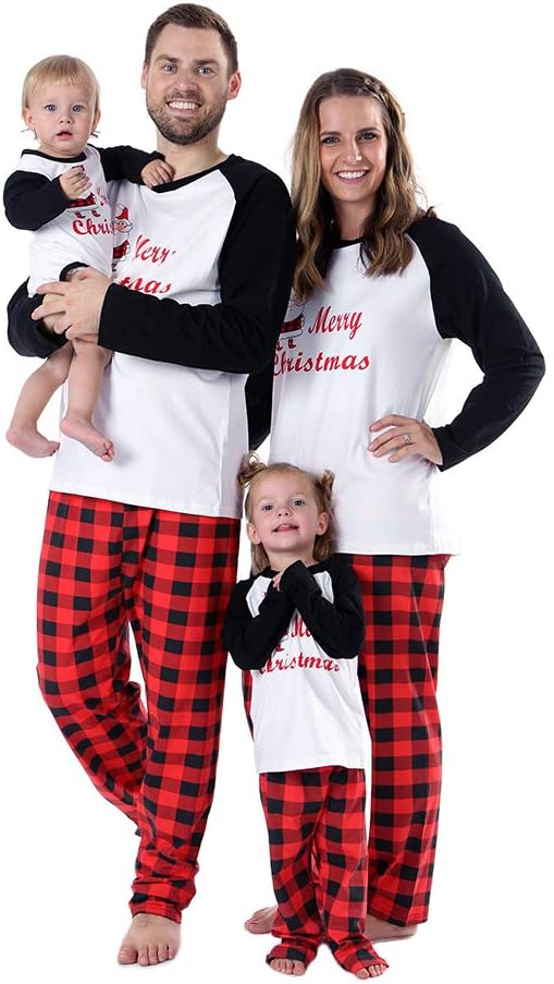 Timall Merry Christmas Sleepwear Family Matching Pajamas Sets Plaid Long Sleeve Tops and Pants Warm Clothes