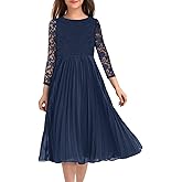 HOSIKA Flower Girl Dress Elegant Vintage Lace 3/4 Sleeve A-Line Pleated Formal Wedding Party Dress