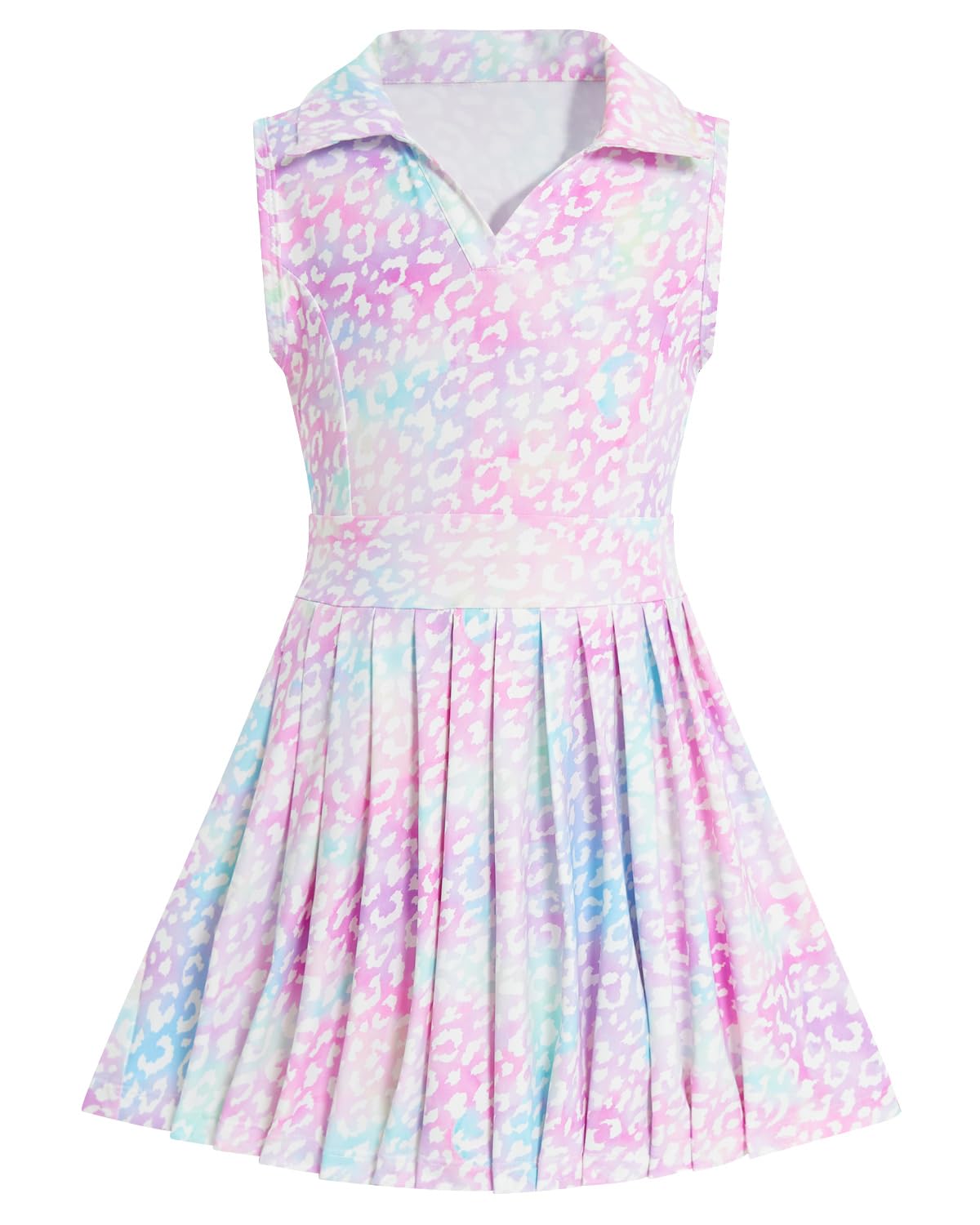 Photo 1 of JiAmy Girls Tennis Dress Sleeveless Polo V Neck Athletic Dress Cutout Back Pleated Golf Dresses Pink Leopard Printed 9-10 Y