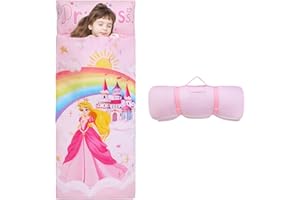 DECALSWEET Kids Sleeping Bag Toddler Nap Mat with Removable Pillow, Large Foldable Sleeping Bag for Girls Boys, Easy Clean Slumber Bag with Double Zip for Camping School Preschool Daycare, 59×24 inch
