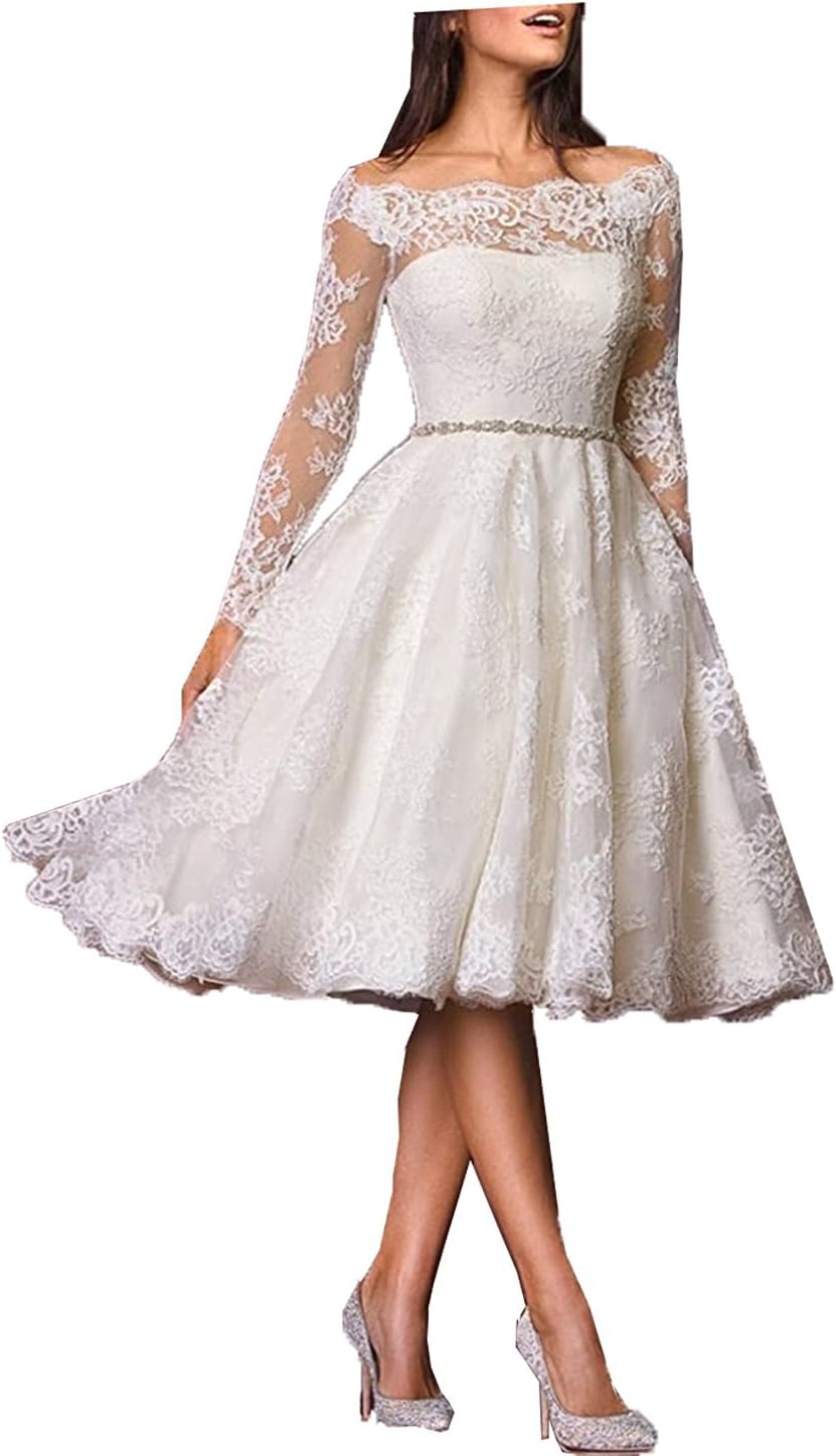 Lorderqueen Women's Elegant Lace Short Wedding Dress Long Sleeves Bridal Gowns