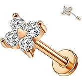 Designfy 14K Yellow/White/Rose Gold Cartilage Earring Top Push in 1 Pcs Threadless Flower Flat Back Stud Nose Stud Lip Ring 16G Helix Tragus Piercing Jewelry for Women 6mm 8mm