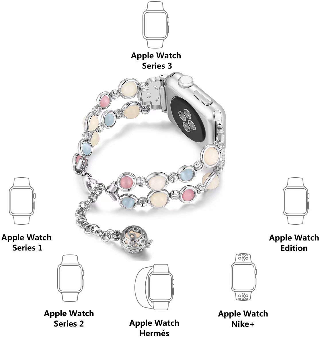 Handmade Bracelet Watch Band Strap Wristband 38mm/40mm Series 5 4 3 2 1, Crystal Pearl Night Luminous Strap Beads, for Women Girls 5.5-7 inch (Silver)