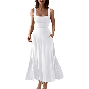 OYS Women's Casual Sleeveless Square Neck A-Line Flowy Long Dress | Side Pockets,Corset,Slim,Solid Color,Stetchy,Elegant,Back