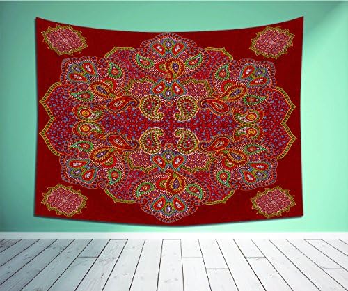 Avamam Tapestry Wall Art Red Mandala Moroccan Persian Design Oriental Rectangular Paisley Floral Print Burgundy Blue And White-S Wall Hanging For Bedroom Living Room Dorm Size-36"Wx24"H